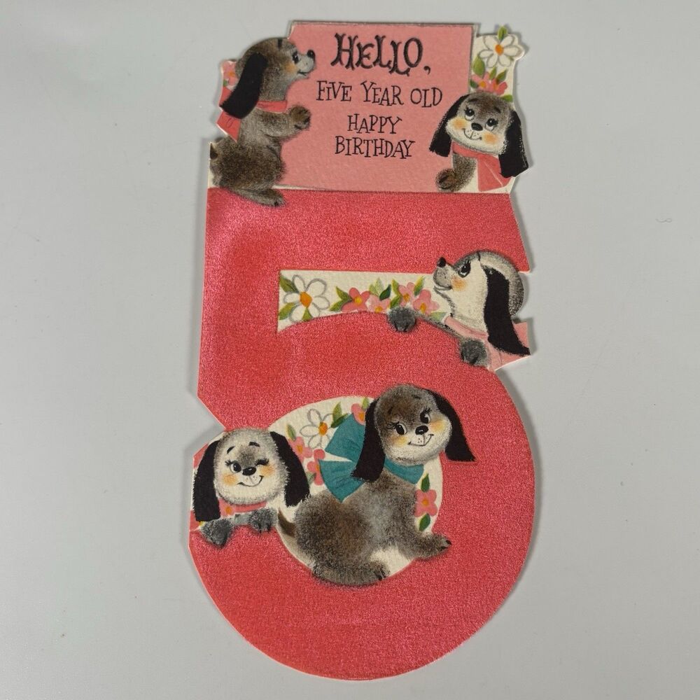 Vintage Hallmark Birthday Card Flocked Die Cut Puppy Dogs Cute Anthropomorphic